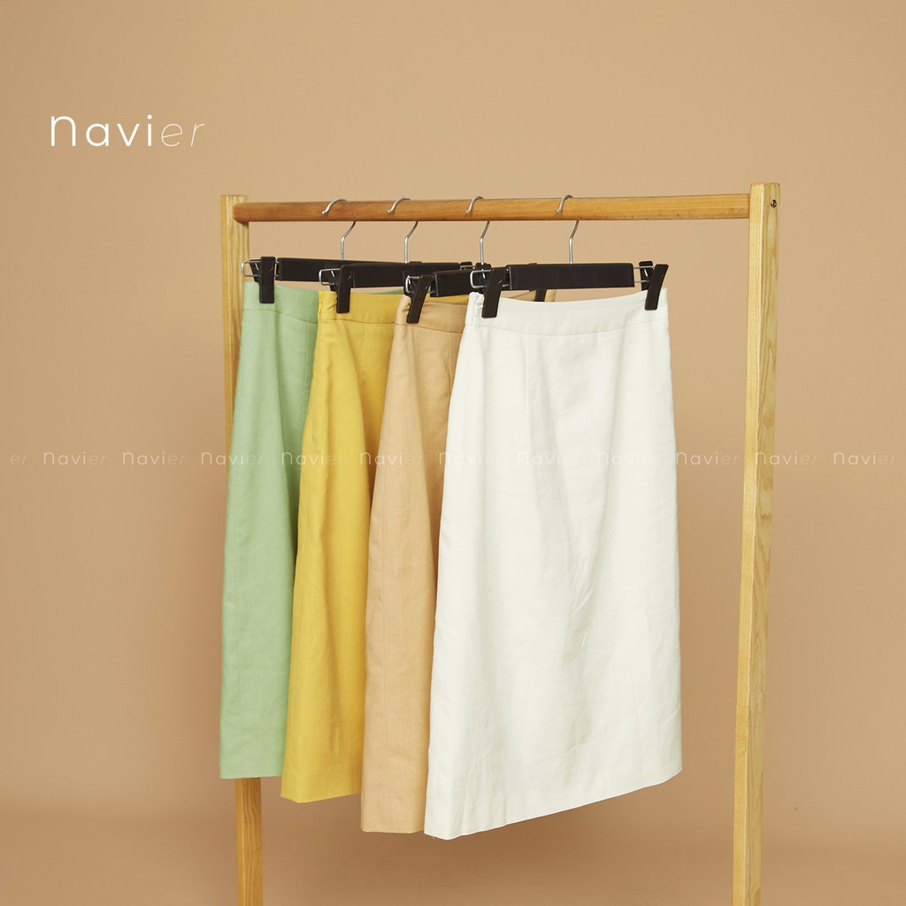 CHÂN VÁY MIDI DÀI SUÔNG CHỮ A CÔNG SỞ 2 LỚP XẺ TÀ ÔM NHẸ MÀU TRẮNG VÀNG TÍM BE - LINEN OFFICE SKIRT CV01 NAVIER | BigBuy360 - bigbuy360.vn