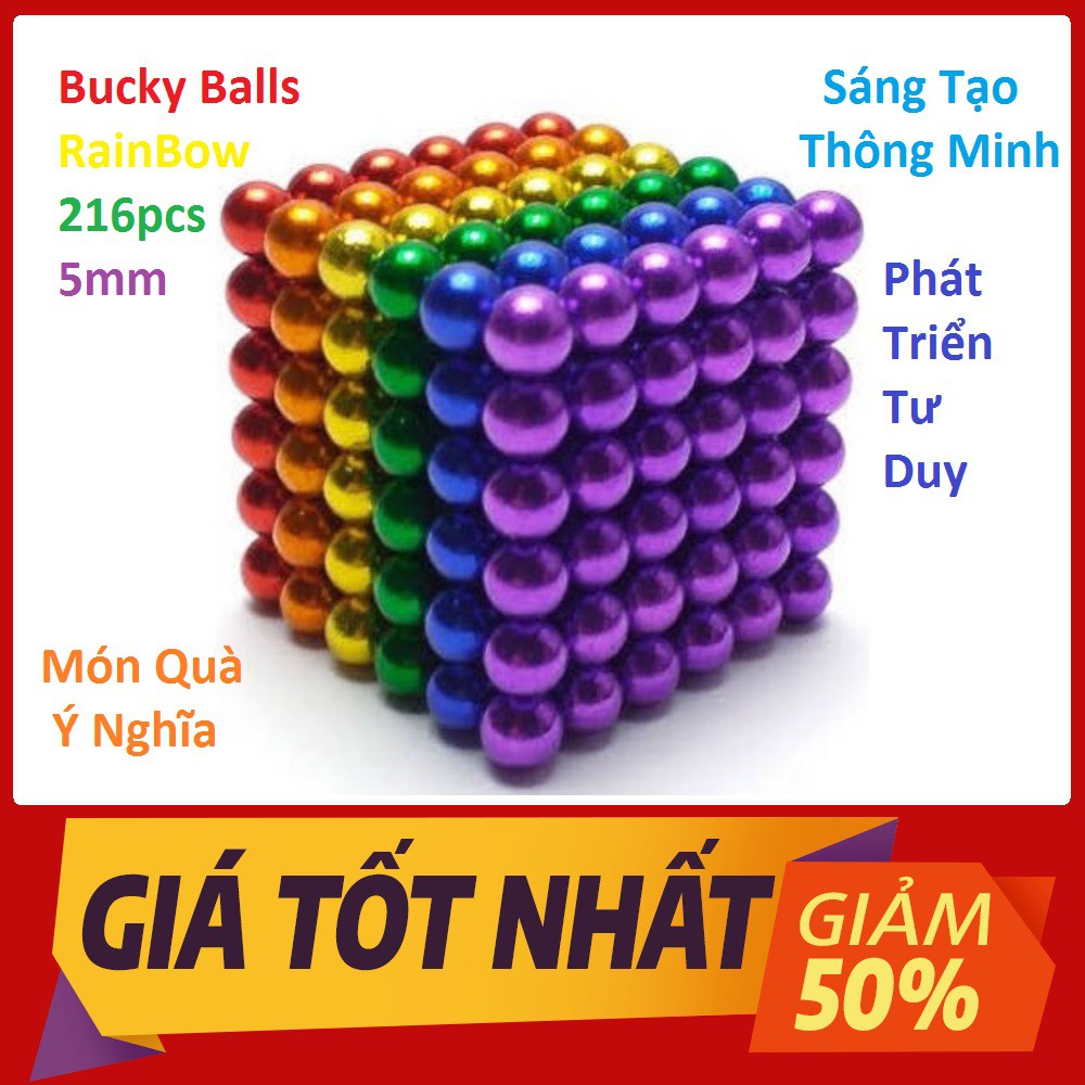 Bộ Bi Tạo Hình Thông Minh Sáng Tạo BuckyBalls Phiên bản Rainbow 6 màu 216 viên đường kính 5mm [ FULLBOX Video Sản Phẩm ]