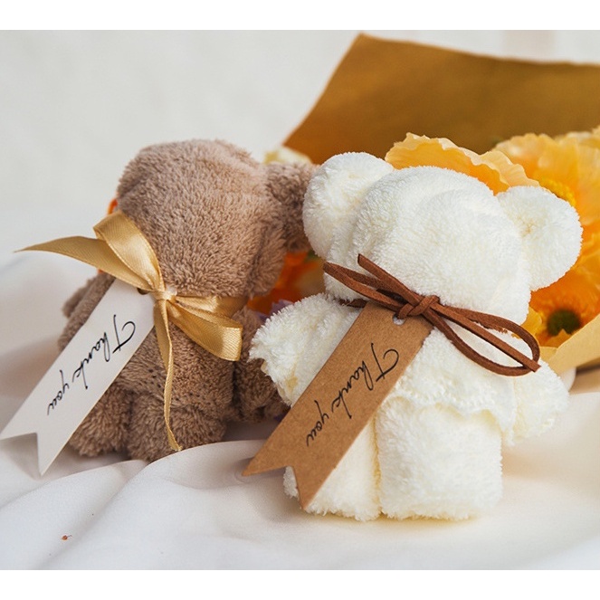 Q965 Khăn Mặt Xếp Thành Gấu Teddy Siêu Dễ Thương, kèm ruy băng và Tag Thank you đính kèm