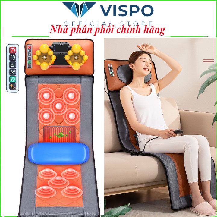 Đệm massage toàn thân Vispo đa điểm Rung, Nệm Massage Kèm Gối Massage (bảo hành 1 năm) - Model Vải da có Loa bluetooth