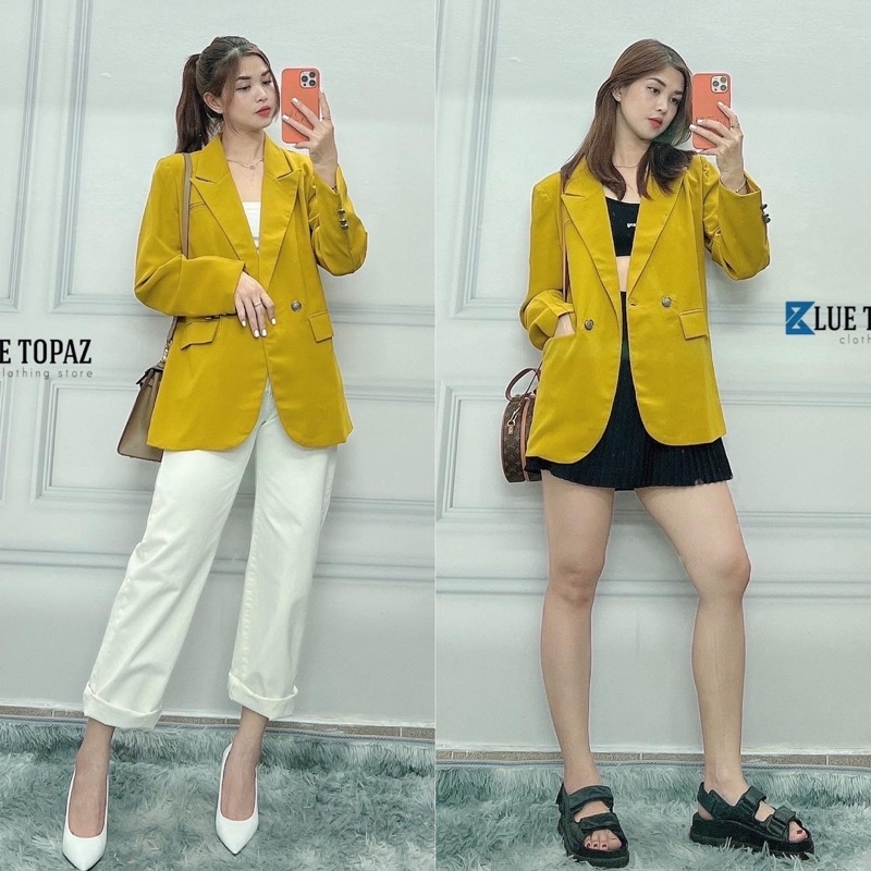 Áo vest / blazer màu vàng mustard may 2 lớp xịn sò, form suông rộng
