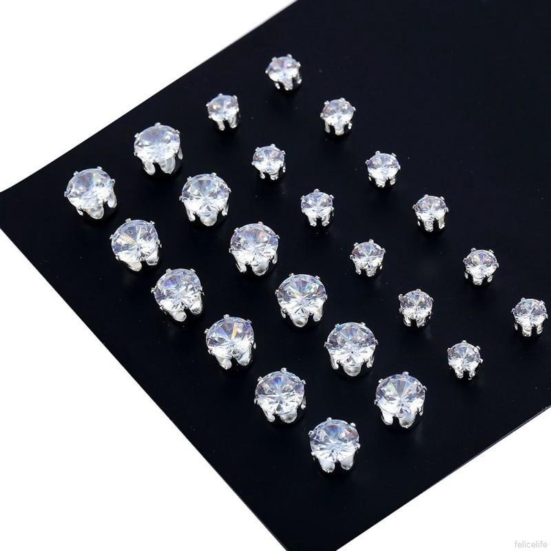 Set 12 đôi hoa tai đinh tán chất liệu thép không gỉ zirconia khối thời trang dành cho nữ