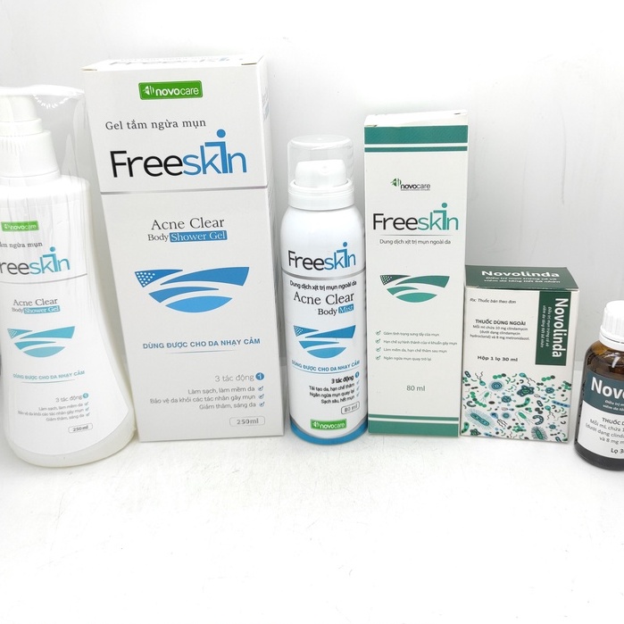 XỊT MỤN LƯNG FREESKIN, GEL TẮM FREESKIN CHẤM MỤN NOVO LINDA NOVOCARE