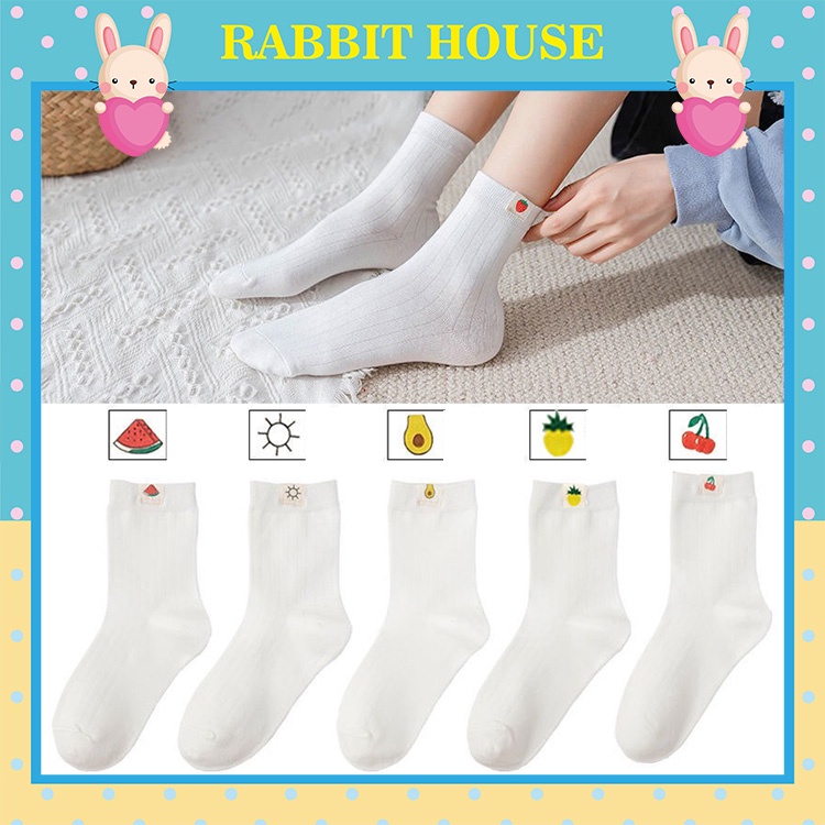 Tất cao cổ nữ màu trắng họa tiết hoa quả trái cây nhiệt đới