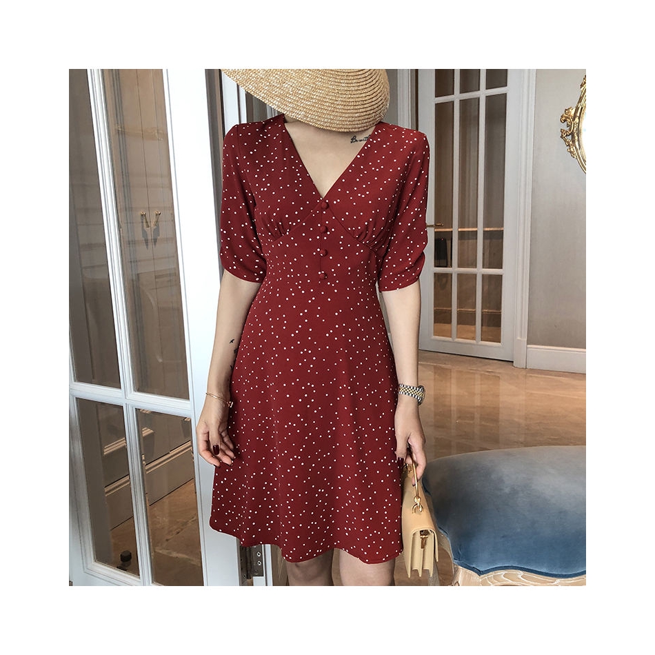 Đầm Nữ Cổ Chữ V Họa Tiết Chấm Bi Thời Trang | BigBuy360 - bigbuy360.vn