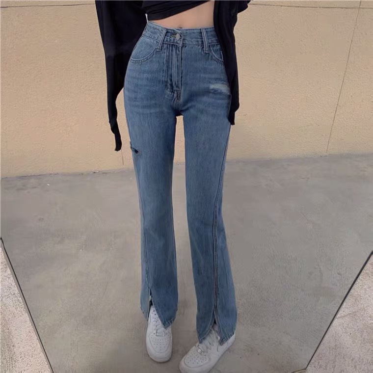Quần Bò Jean Nữ Ống Loe Cạp Cao Chất Vải Bò Co Giãn 4 Chiều, Quần jean xẻ gấu cá tính BeU Shop Q20