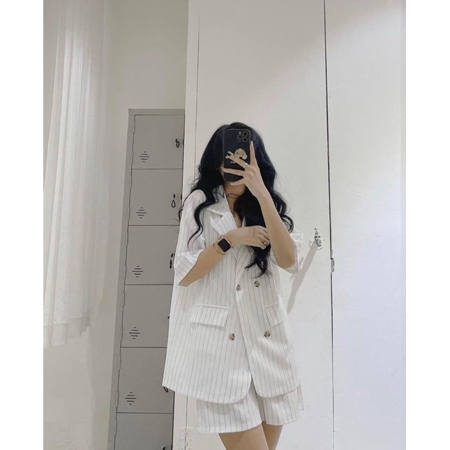 Set Blazer kẻ dọc tay lỡ 2 màu