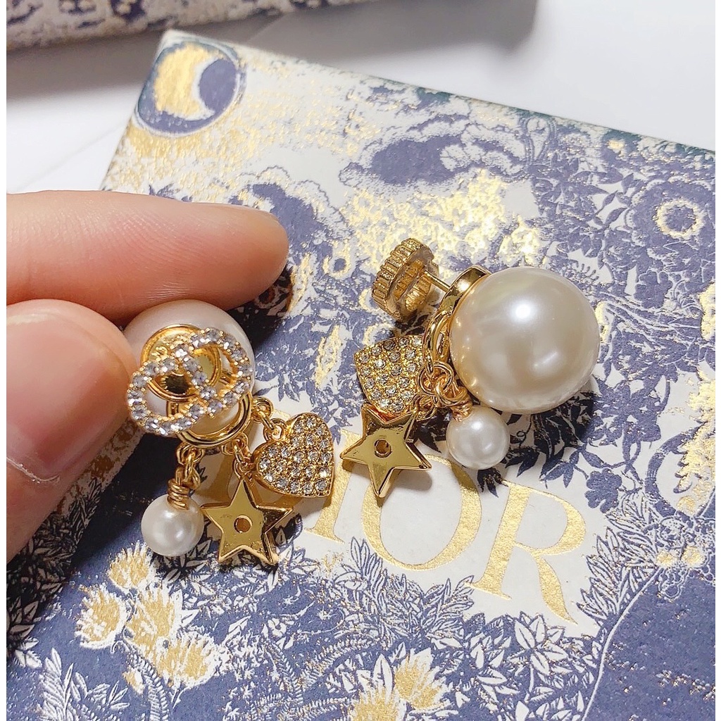 Bông Tai Dior Hình Trái Tim Đính Ngọc Trai Kim Cương Nhân Tạo Thanh Lịch Thời Trang