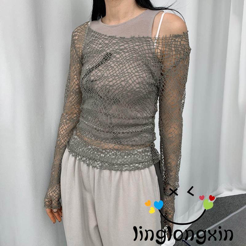 Áo Lưới Tay Dài Trễ Vai Màu Trơn Xuyên Thấu Dành Cho Nữ Linglongxi2