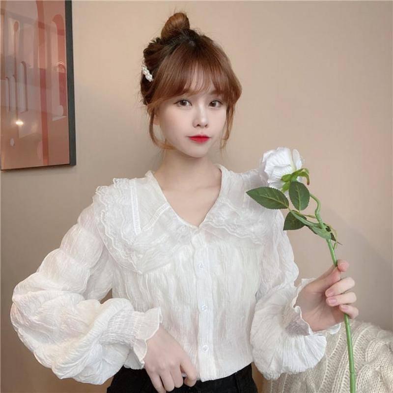 Cute Lace Floral Women Shirt Pleated Doll Lapel Collar Long Sleeve Blouse Student Shirt