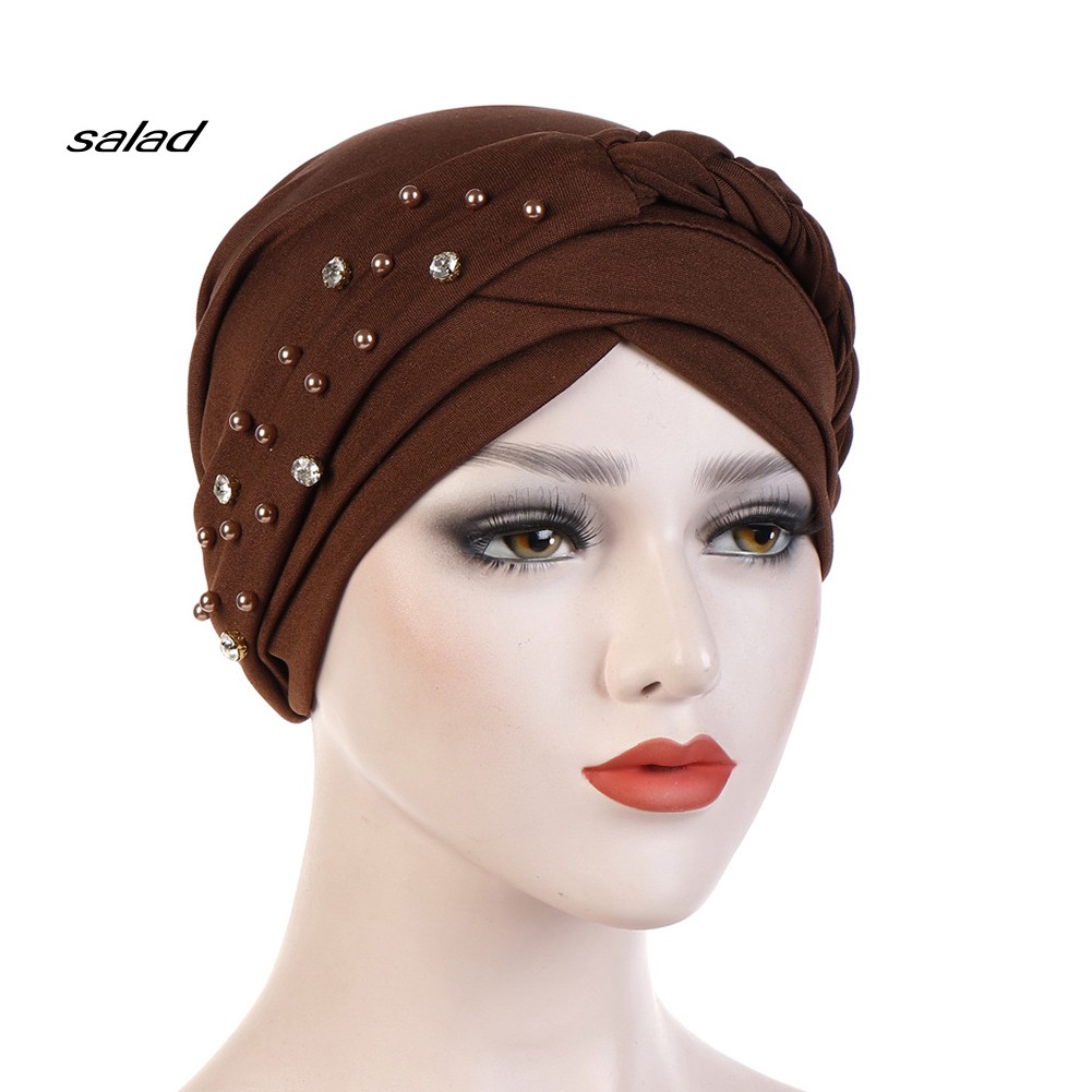 Mũ Turban Trùm Đầu Đính Hạt Màu Trơn Phong Cách Hồi Giáo Cho Nữ
