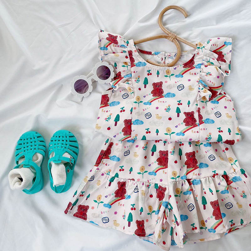 Hàng Mới Về Set Áo Thun Ngắn Tay In Hình Hoạt Hình + Quần Short Thời Trang Cho Bé Gái