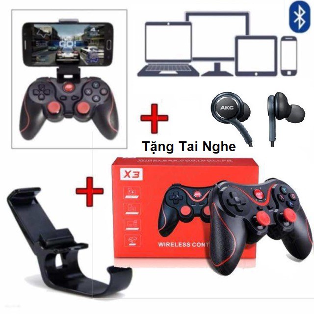 Tay Cầm Chơi Game X3/T3/V8 Tặng Tai Nghe AKG S10 - Chơi Game Nghe Nhạc Bao Phê - Tay Cầm Chơi Game Kết Nối Bluetooth