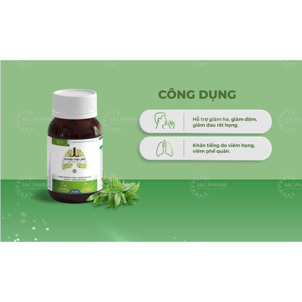 Xuyên Tâm Liên Đông Trùng Linh Chi - Viên uống giúp hỗ trợ giảm đau rát họng, giảm ho, khàn tiếng - Hộp 30 viên
