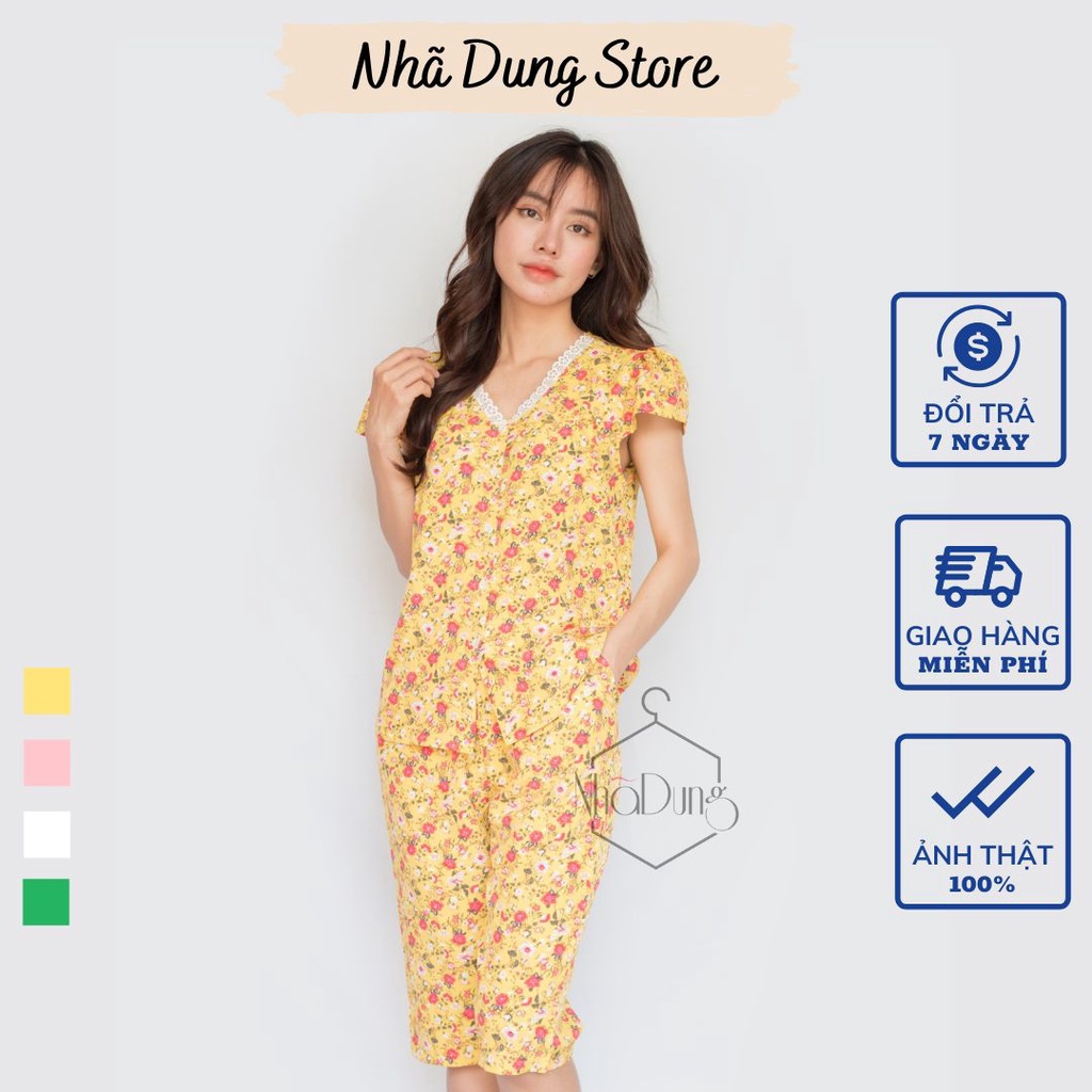 Đồ bộ nữ mặc nhà vải lụa cao cấp in họa tiết hoa nhí cổ ren dễ thương Nhã Dung Store siêu mát dưới 65kg