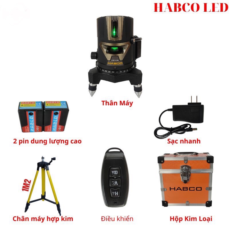 Máy cân bằng Laser Máy cân mực 5 tia xanh HABCO chuyên dùng ngoài trời Bóng Led công nghệ Nhật tặng 2 pin + chân 1m2 Gi