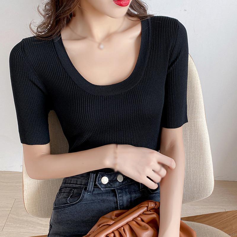 Áo thun tay ngắn cổ chữ U màu trơn thời trang Hàn Quốc dành cho nữ