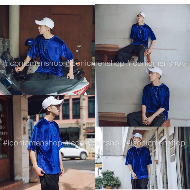 Áo thun nhung form rộng , tay lỡ ,màu xanh cobalt