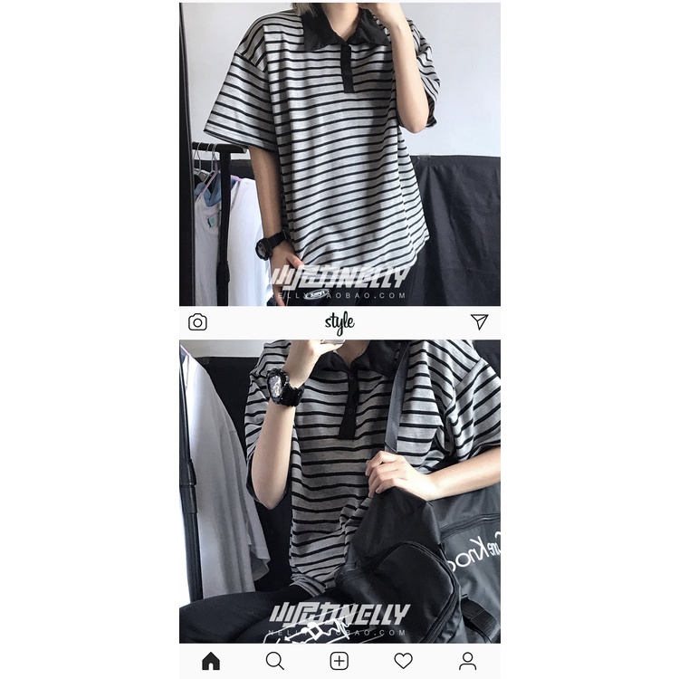 Áo Polo Unisex Nam Nữ Kẻ Sọc Tay Lỡ Form Rộng