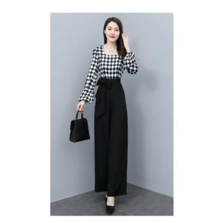 Hàng nhập - Jumpsuit dài ống rộng cổ vuông, bộ jum đồ bay lụa caro tay dài
