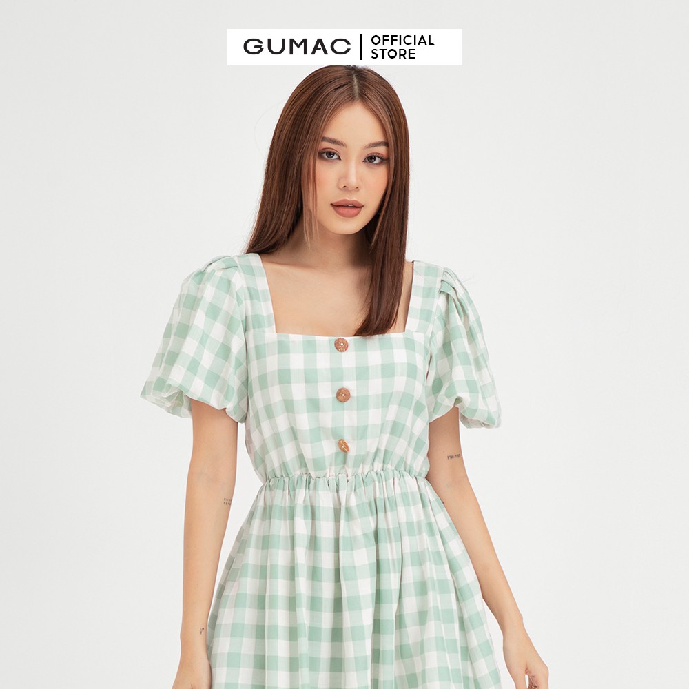 [Mã MABR07062 giảm 8% tối đa 50K đơn từ 249K] Đầm xòe nữ tay bí GUMAC họa tiết caro màu xanh trẻ trung DB485 | BigBuy360 - bigbuy360.vn