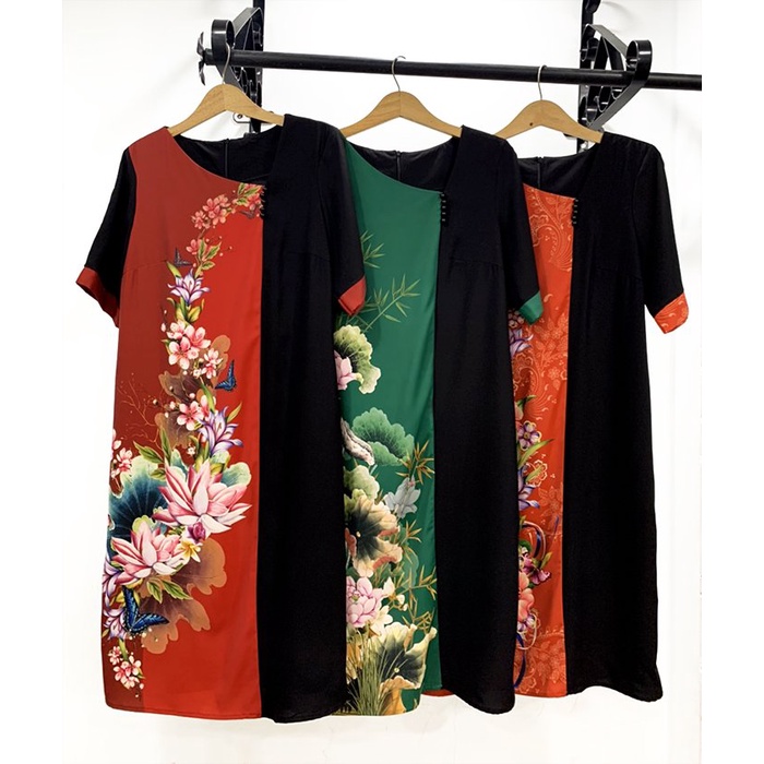 Đầm Suông Dáng Dài Tuổi Trung Niên Dự Tiệc Cấp In Hoa Lá Phối Màu Vải Lụa Cho Mẹ U50 3333 3334