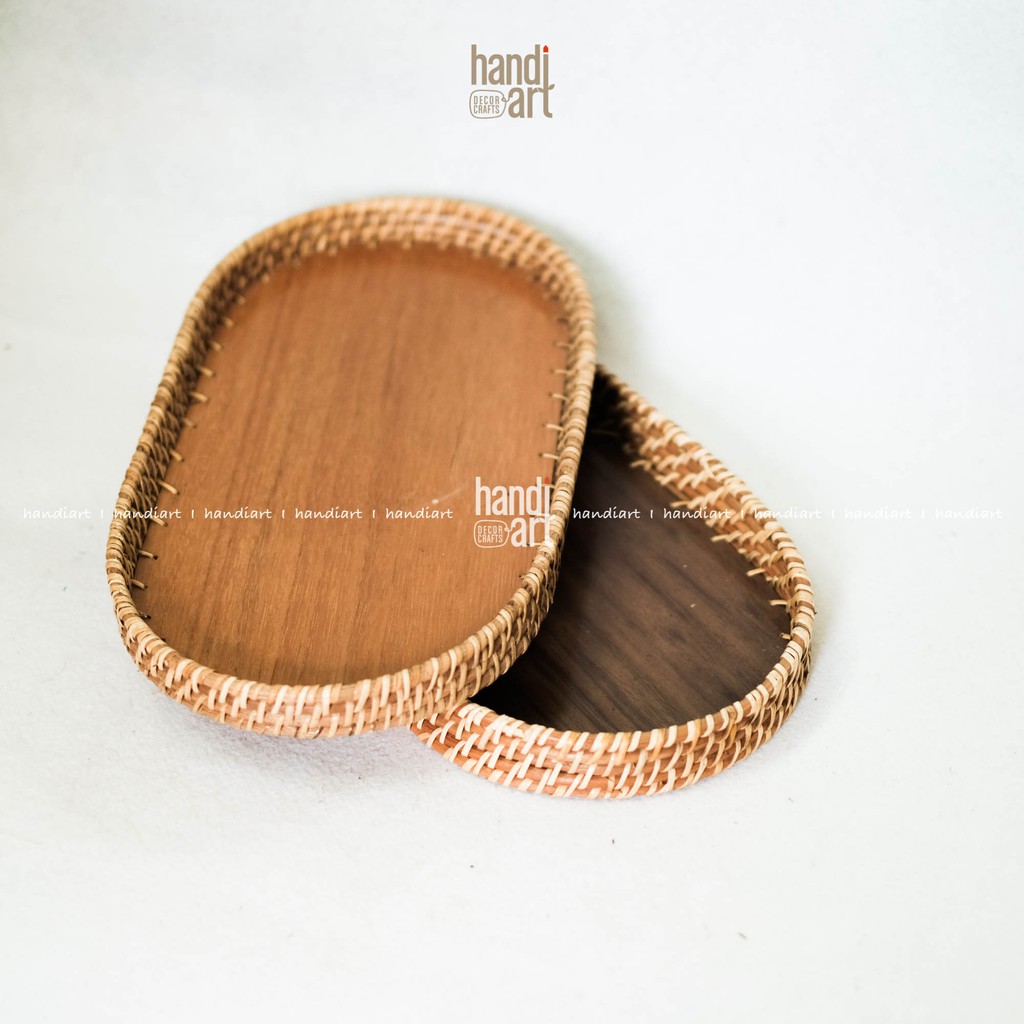 Khay mây oval  - Khay oval đế gỗ - Oval rattan tray