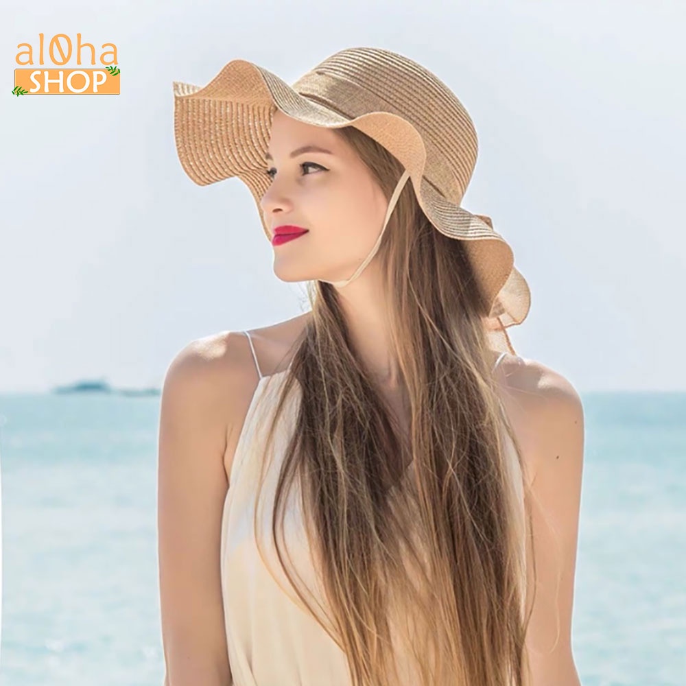 Mũ cói mềm thắt nơ - nón cói vành sóng trơn chống nắng, đi biển phong cách