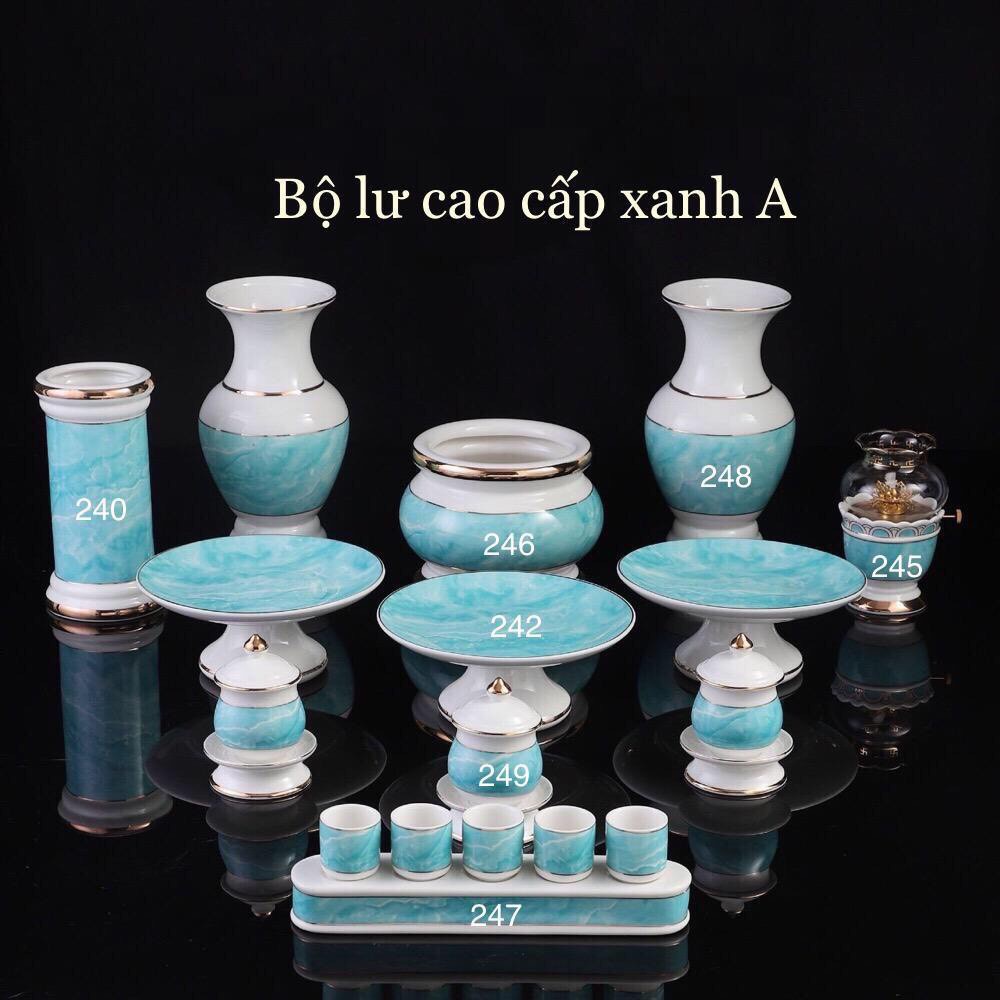 Bộ Set Đồ Thờ Cúng Lư, Chum, Chung, Ly Bằng Sứ Trắng Nhũ Vàng