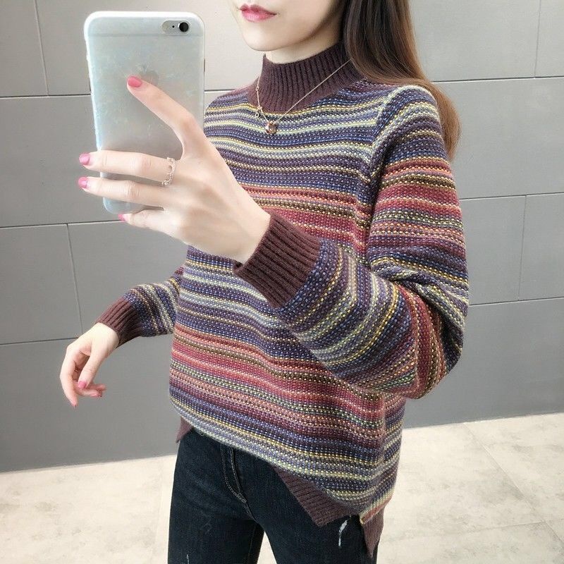 Áo thun cotton cổ cao tay dài dáng rộng thời trang cho phụ nữ trung niên