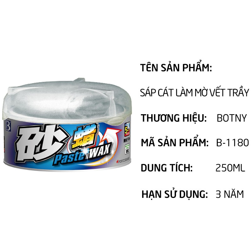 Sáp đánh bóng xe BOTNY Paste Wax 250g B-1180, wax làm mờ vết trầy, kem tẩy vết xước và đánh bóng mặt sơn xe hơi, ô tô