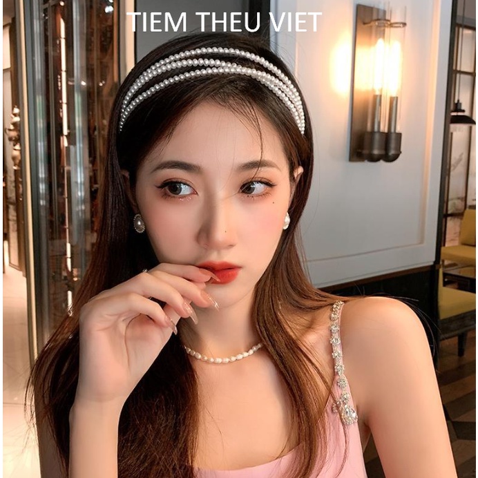 Băng Đô Hạt Trai Nhựa Ba Lớp Tiệm Thêu Việt Phong Cách Retro Pháp