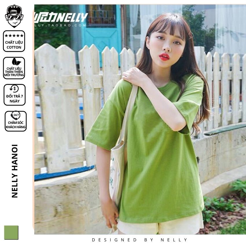 Áo thun tay lỡ NELLY phông Unisex nam nữ oversize form rộng xanh lá cây trơn