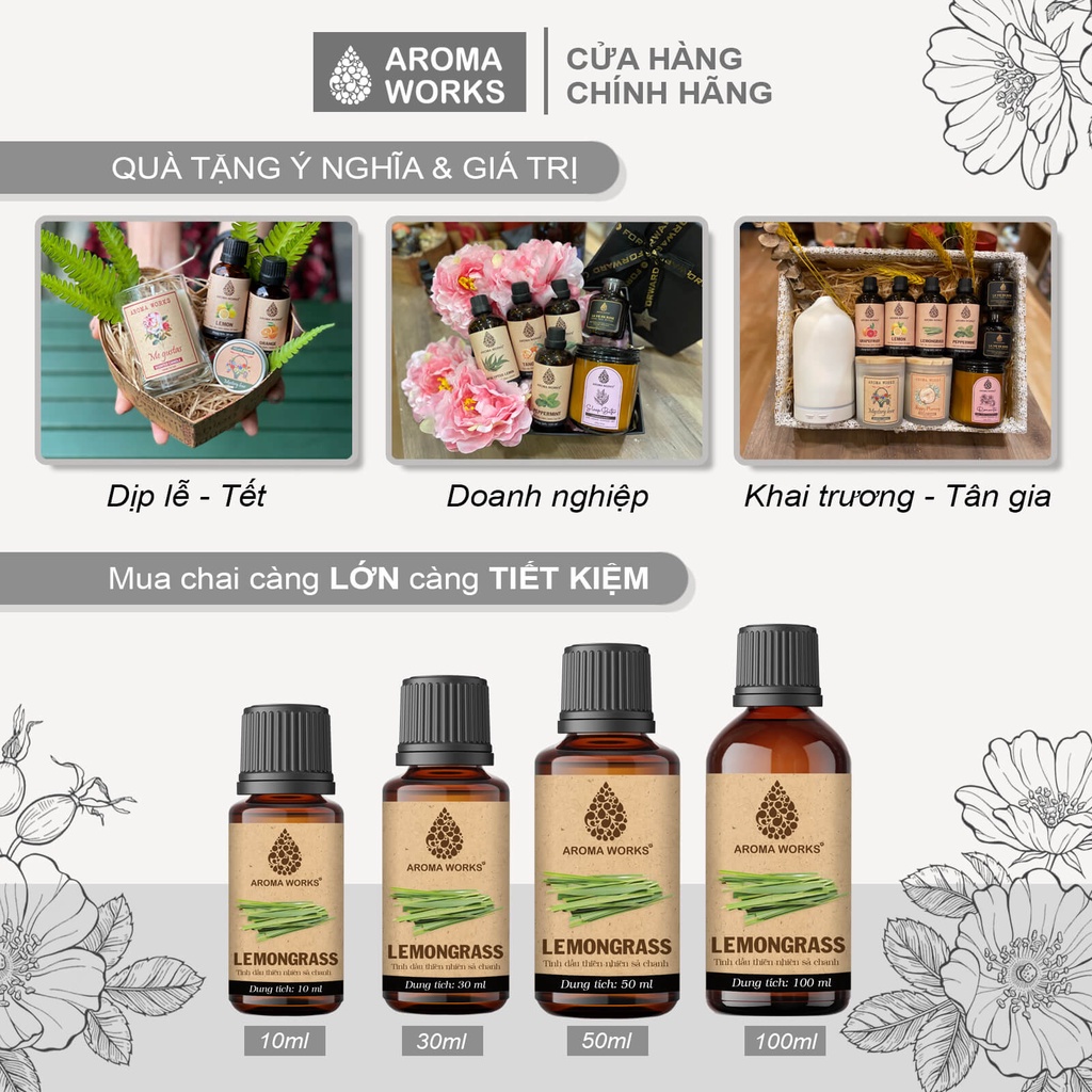 Tinh dầu Sả Chanh Aroma Works xông phòng, dễ ngủ, đuổi muỗi, thanh lọc không khí - Lemongrass