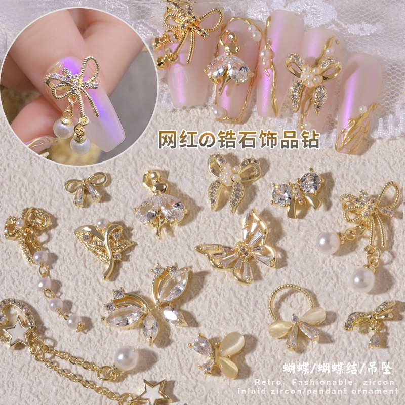Set 3 Charm đính đá zircon 3D, charm nơ, bông hoa, bướm Hàng cao cấp đính đá sang trọng, phụ kiện nail