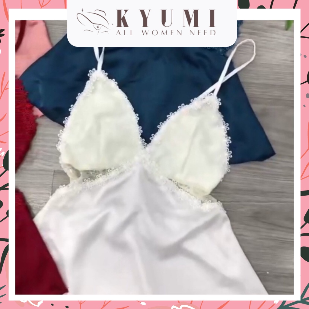 Đồ ngủ sexy đồ ngủ 2 dây chéo lưng phối ren KYUMI OFFICIAL, chất liệu lụa satin, freesize 40-60kg tùy chiều cao 009 | BigBuy360 - bigbuy360.vn