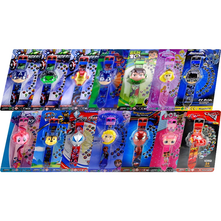 Đồng hồ chiếu 24 hình hoạt hình The Avengers Superhero SpiderMan Iron Man Hulk Trẻ em có đèn rọi biến hình