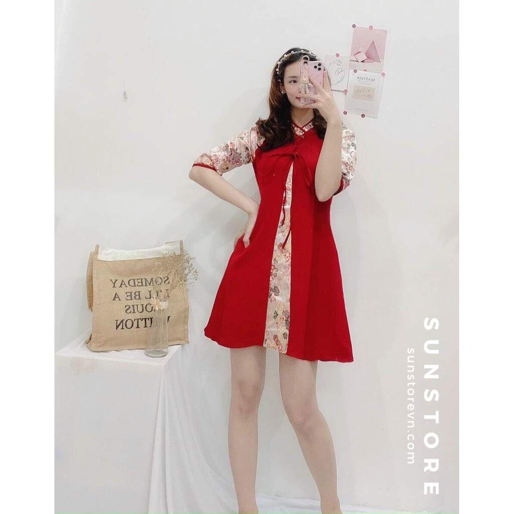 Đầm xoè dáng ngắn mini tay ngắn gấm tết thắt dây ngực 2 màu hồng và đỏ