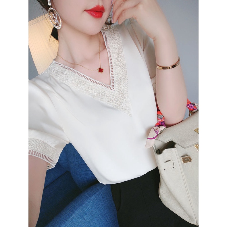 Áo Sơ Mi Chiffon Tay Ngắn Cổ Chữ V Viền Ren Phong Cách Hàn Quốc Hàng Mới Dành Cho Bạn Nữ30%