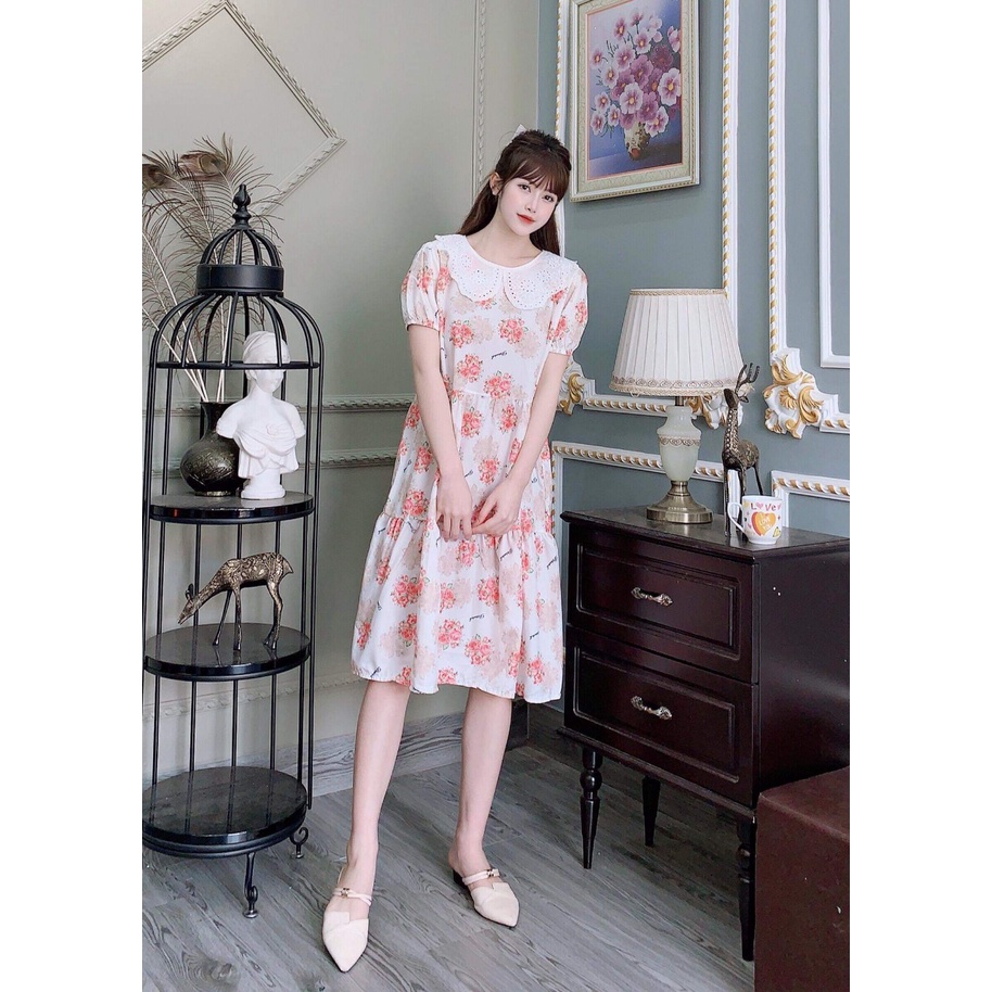 Váy bầu cổ sen thời trang thiết kế M479 vải voan lụa hoa freesize từ 45 đến 70kg