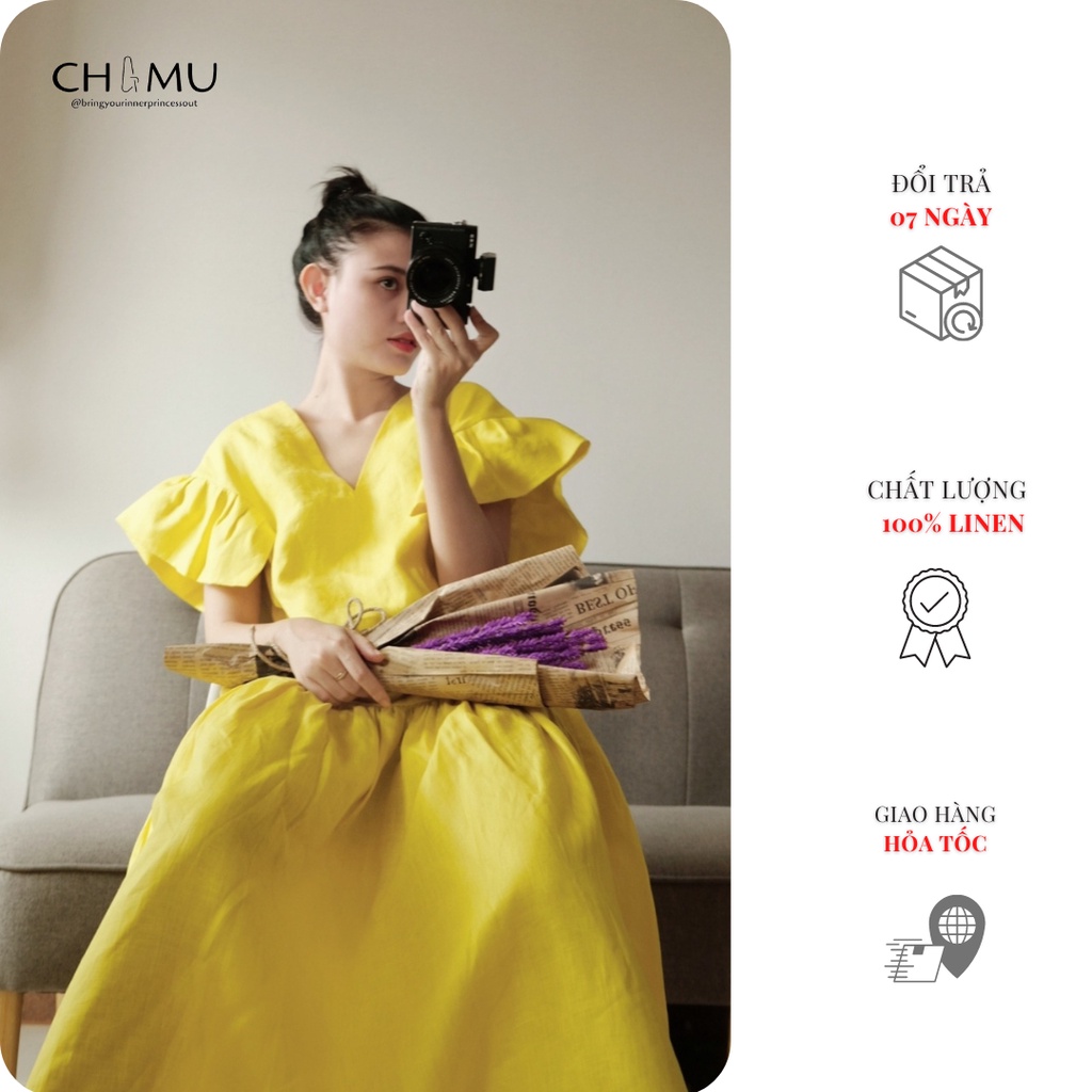 Đầm linen 100% hàng thiết kế tay cách điệu tùng xòe | B.BRAVE long linen dress | CHAMULINEN