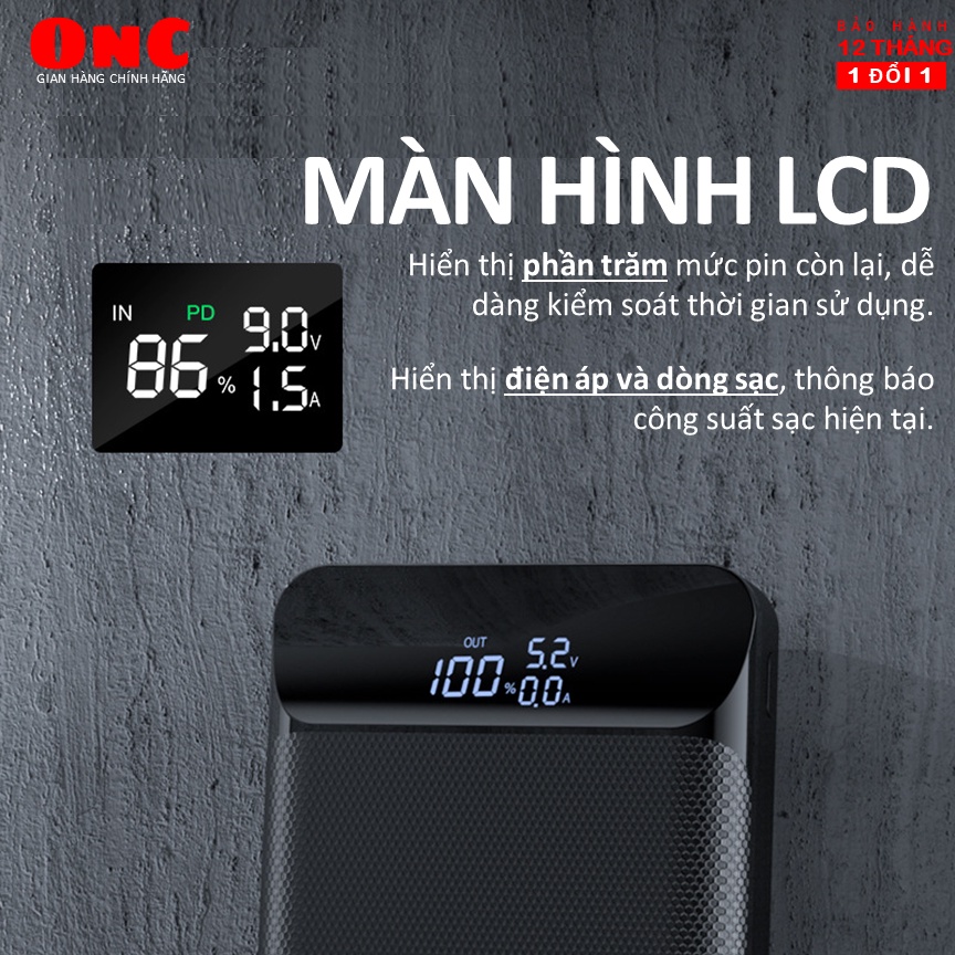 Sạc dự phòng 20000mAh, Sạc nhanh gấp 3 lần sạc thường PD - QC 3.0 18W  Hiển thị %Pin