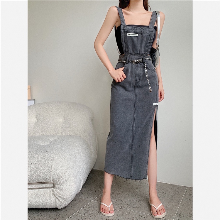 Đầm yếm denim xẻ tà phong cách cổ điển dành cho nữ