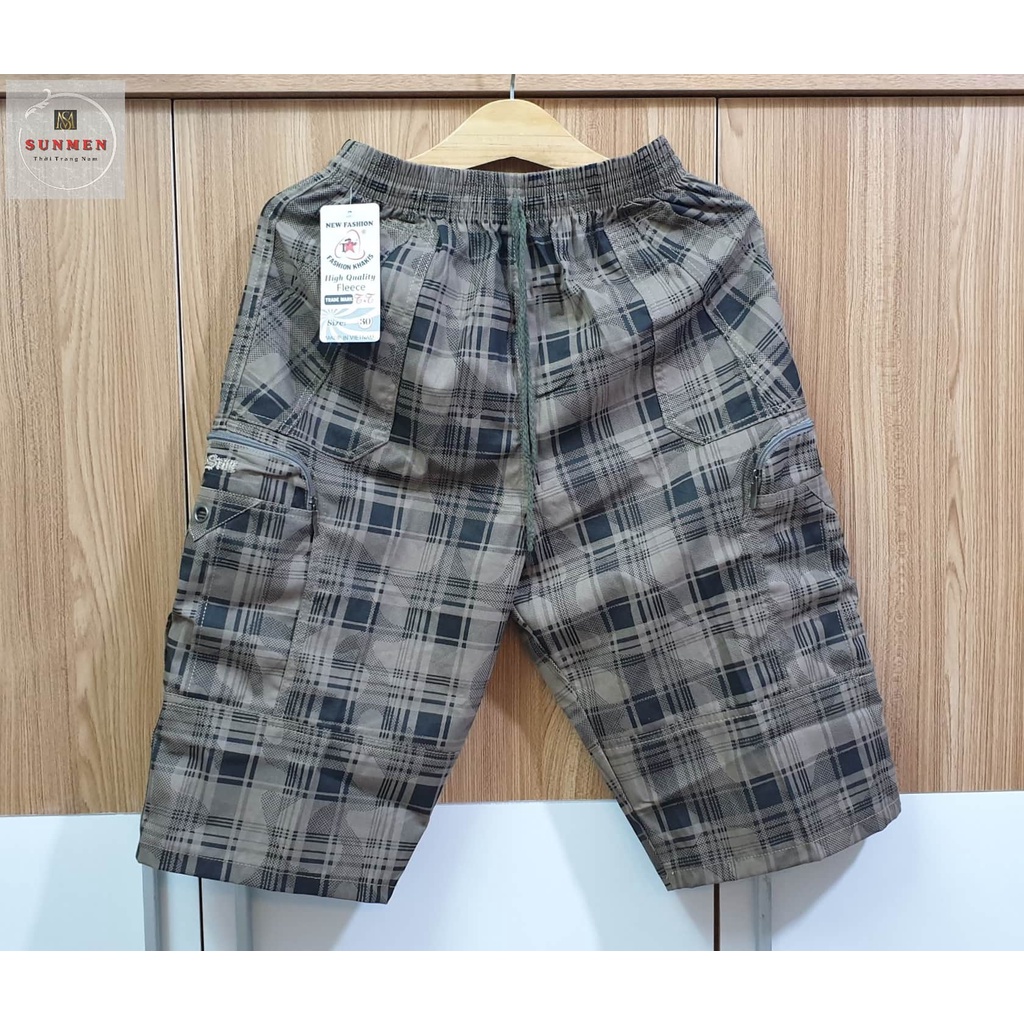 [HCM] Quần Short Nam Kaki Kẻ Caro Túi Hộp Lưng Thun Co Giãn From Rộng Trung Niên Có Túi Khóa Kéo Size Từ 50-90kg