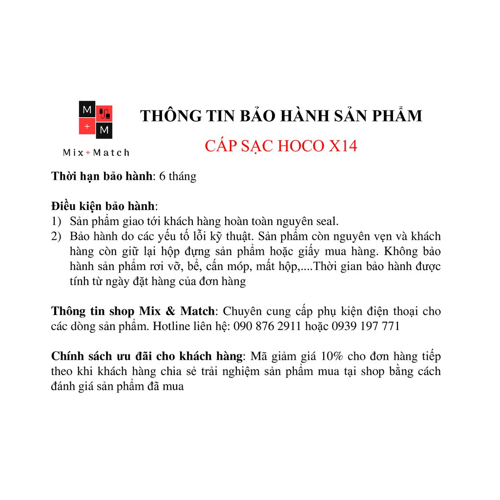 Dây Cáp Sạc nhanh Hoco X14 Lightning - Sạc Iphone, Ipad - Bảo hành 1 đổi 1 - Hàng chính hãng