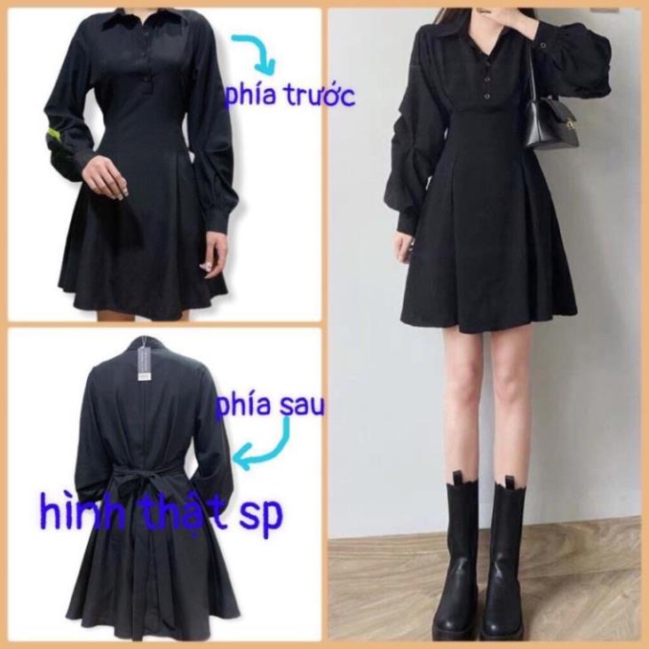 Đầm sơmi đen thắt eo tay cách điệu đơn giản mà đẹp Giá rẻ