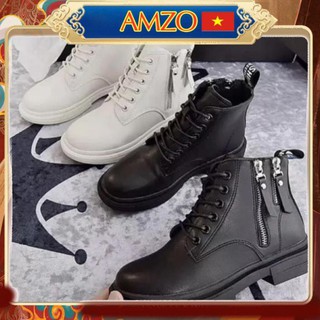 Giày Boots Nữ, Boots Nữ Cổ Thấp 3cm  Hai Khóa Hot Hit Siêu Đẹp Hai Màu Đen Kem Minhtushoes Giày Nữ Cao cấp