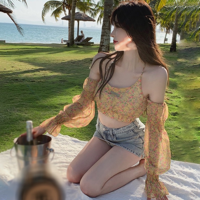 Áo Trễ Vai Dài Tay In Họa Tiết Hoa Thanh Lịch Dành Cho Nữ