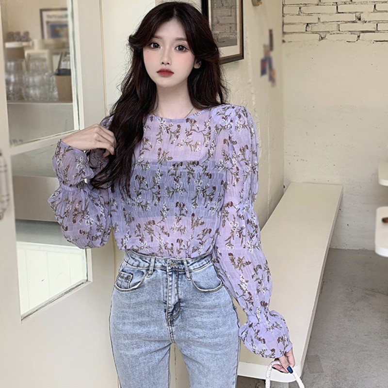 Áo Kiểu Tay Dài Cổ Tròn Chất Chiffon Hoạ Tiết Hoa Nữ Tính