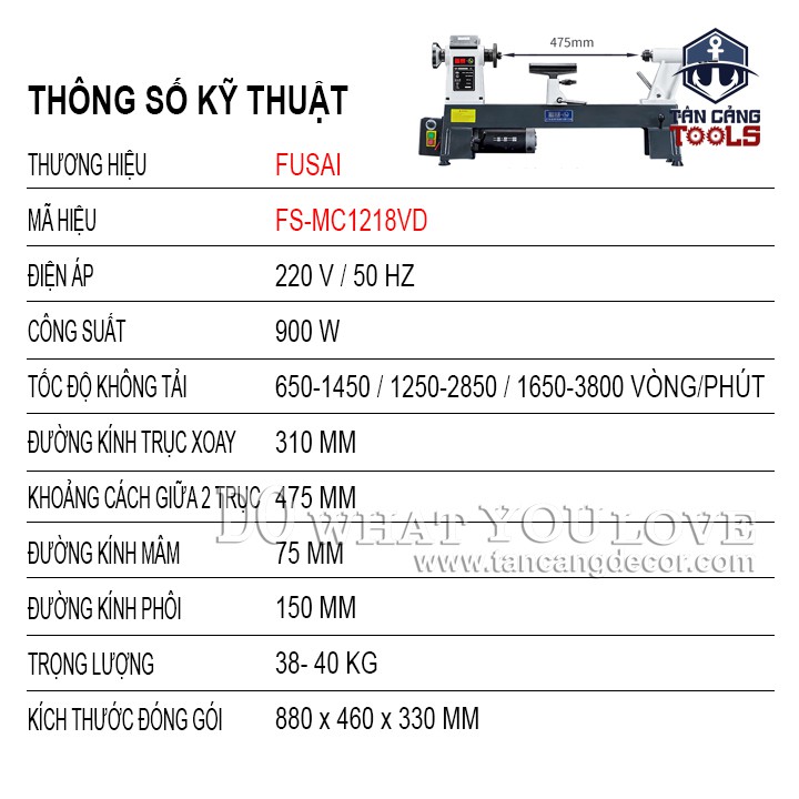 Máy Tiện Gỗ Fusai FS-MC1218VD 475 Mm 900W